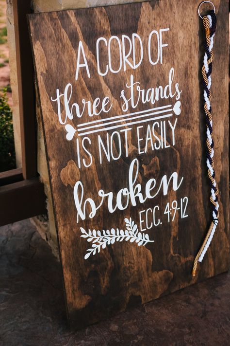 | natural, wooden wedding sign | christian wedding sign ideas | "a cord of three strands is not easily broken" | christian wedding ideas | christian wedding ceremony | christian wedding decor | outdoor wedding ceremony ideas | photo taken at THE SPRINGS Event Venue. follow this pin to our website for more information, or to book your free tour! SPRINGS location:  Edmond, OK photographer:  From Britt's Eye View Photography #weddingsign #christianwedding #weddingdecor #weddingdecorations #weddings Christian Country Wedding, Christian Wedding Ideas Decor, Christian Wedding Decorations, Christian Wedding Aesthetic, Spiritual Wedding Ideas, Christian Wedding Ideas, Christian Engagement Photos, Christ Centered Wedding, Christian Wedding Ceremony