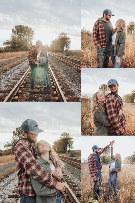 Fall Railroad Photoshoot, Fall Outfits For Couple Photoshoot, Railroad Family Pictures, Trail Couple Pictures, Couples Railroad Track Pictures, Couple Train Track Pictures, Couples Senior Pictures Boyfriends, Railroad Track Photoshoot Couple, Railroad Engagement Pictures