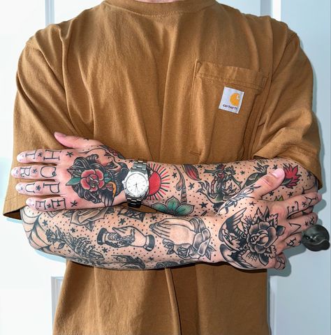 Traditional Tattoo Sleeve Patchwork, Tattoo Sleeve Men Traditional, Traditional Tattoo Back Of Arm, Best American Traditional Tattoos, Patchwork Style Tattoo Sleeve, American Traditional Tattoos On Hand, Black And Colour Tattoo, American Old School Tattoo Sleeve, Men’s Traditional Tattoo Sleeve