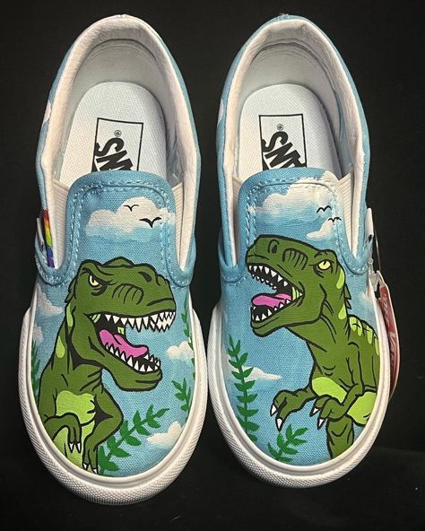 Dinosaur/t-rex themed hand painted kids vans **Please be sure of your size when ordering. No returns, exchanges or refunds as each pair is custom handmade.** **No way affiliated or endorsed with the companies, subsidiaries or affiliates of any of the content I paint on the shoes** Q. What is your turn around time? A. Usually I have many orders at one time so I do ask for UP TO 3 WEEKS to have the time to order the shoes, work on them in order received and drop them off with USPS. Q. Do you do re Shoe Painting Ideas Vans, Custom Painted Vans, Hand Painted Vans, Dinosaur Shoes, Vans Painted, Painted Shoes Diy, Custom Sneakers Diy, Painted Canvas Shoes, Painted Vans