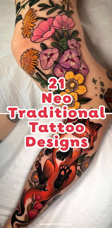 Get inspired with the latest neo-traditional tattoo designs. Get your unique look with one of these 20 designs. There are flower tattoos, fox tattoos, and so much more. Neo Style Tattoo, Neotraditional Flower Tattoo Sleeve, Neo Trad Flowers Tattoo, Trad Leg Tattoos Women, Neo Traditional Fox Tattoo Design, Neo Trad Floral Tattoo, Unique Neo Traditional Tattoo, Tattoo Sleeve Neo Traditional, Neo Traditional Flowers Tattoo