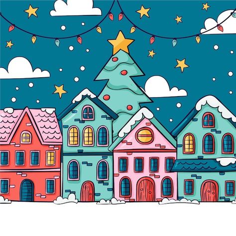 Christmas Town Drawing Easy, Gingerbread Village Drawing, Christmas City Decorations, Christmas Village Doodle, Christmas Village Window Painting, Christmas Village Drawing, Winter Drawings Easy, Christmas Village Illustration, Christmas Scene Drawing