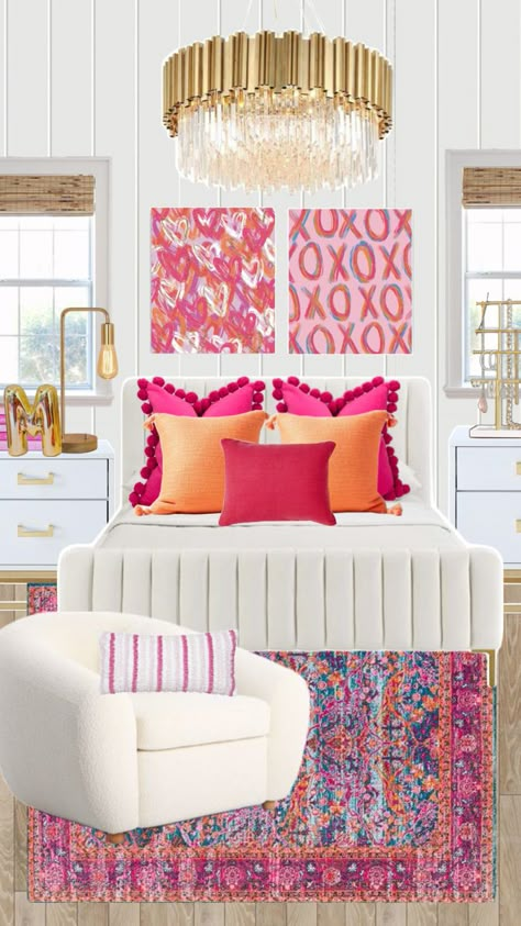 preppy, pink, orange, dorm room, posters, pink and orange bedroom, teen girl bedroom Pink White And Orange Bedroom, Pink Orange Bedroom Aesthetic, Navy Pink And Orange Bedroom, Preppy Teen Bedroom Ideas, Pink And Orange Room Decor, Pink Orange Room, Room Posters Pink, Pink Orange Bedroom, Orange Dorm Room