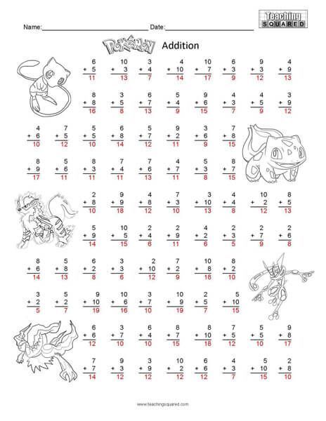 Pokémon Math Addition Answer Key Addition Worksheet, Math Addition Worksheets, Addition Practice, Addition Facts, The Worksheet, Addition Worksheets, Math Addition, Early Finishers, Basic Math