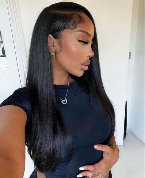 Black Bust Down Middle Part, Jet Black Quick Weave, Jet Black Buss Down, 2x6 Closure Wig, Medium Length Quick Weave, Black Buss Down Wig, Jet Black Hair Black Women, Middle Part Sew In With Leave Out, Prom Hair Black Women