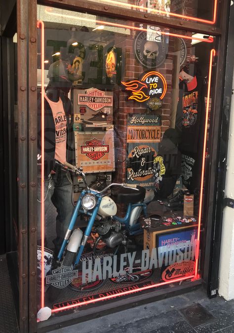 Biker Garage, Retro Pub, Harley Davidson Store, Biker Birthday, Man Garage, Biker Shop, Motorcycle Store, Industrial Display, Cycle Store