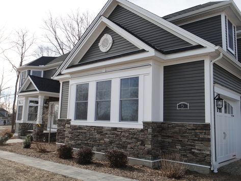 Castlemore _ Gray Vinyl Siding. Gray Siding With Stone, Light Grey Vinyl Siding House, Kaycan Vinyl Siding Colors, Vinyl Siding Ideas Exterior, Sterling Grey Vinyl Siding, Quarry Gray Lp Siding, Gray Lueders Stone Exterior, Grey Vinyl Siding, Vinyl Siding Colors