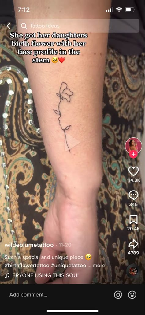 Nice Small Tattoos For Women, Flower Stem Profile Tattoo, Classy Mom Tattoos, Birth Flower Face Silhouette Tattoo, Born To Be Alive Tattoo, Birth Flower With Face Profile, Side Profile Flower Tattoo, First Kid Tattoo Ideas, Silhouette With Flowers Tattoo