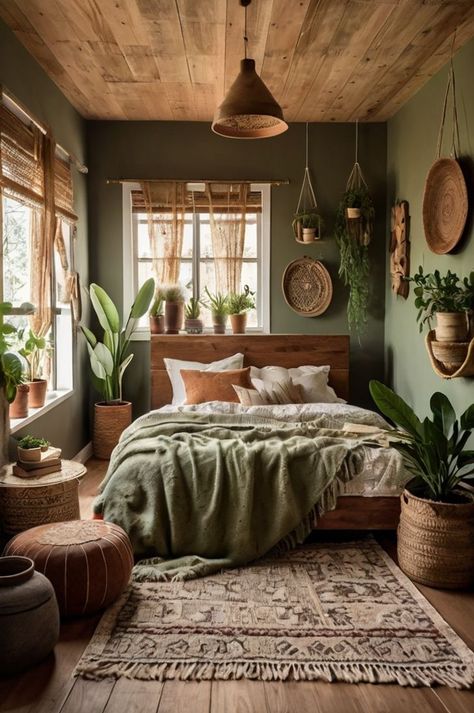 Bedroom Ideas Green And Beige, Wooden Bed Frame Boho, Olive Green Room Aesthetic, Boho Walk In Closet Ideas, Western Vintage Bedroom, Earthy Organic Bedroom, Plant Bedroom Aesthetic Dark, Earthy Vintage Aesthetic, Earthy Bedroom Decor Ideas