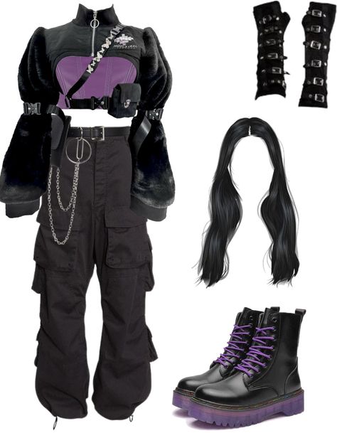 Kpop stage outfit black and purple !!. Discover outfit ideas for made with the shoplook outfit maker. How to wear ideas for black balenciaga cargo pants and Black Waist Belt Bag Purple Stage Outfits, Balenciaga Cargo Pants, Black Waist Belt, Waist Belt Bag, Outfit Kpop, Kpop Stage, Black Balenciaga, Stage Outfit, Dress Design Sketches