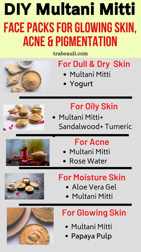 mutani mitti face packs for glowing skin How To Apply Multani Mitti, Skin Care With Multani Mitti, Fuller Earth Face Pack, Face Packs For Bright Skin, Rice Powder Face Pack For Glowing Skin, Face Pack For Acne Homemade, Multani Mitti Hair Masks, Face Healthy Tips, How To Use Multani Mitti For Face