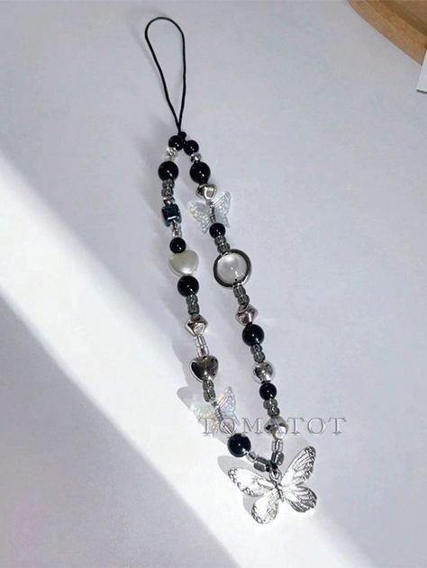 Black and White  Collar  PMMA   Embellished   Jewelry Making Black Phone Strap, Phone Strap Beads, Emo Accessories, Phone Chains, Butterfly Black And White, Phone Pendant, Edgy Jewelry, Korean Japanese, Korean Jewelry