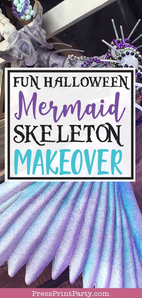 HALLOWEEN MERMAID SKELETON MAKEOVER. Transform your scary and spooky skeleton mermaid into a proper mermaid. Great DIY and prop for a pirate party or Halloween party decorations.  #skeleton #mermaid #pirate #halloween by Press Print Party! Diy Mermaid Skeleton, Mermaid Skeleton Decor, Skeleton Mermaid Decoration, Mermaid Skeleton Halloween Decor, Haunted Sea Halloween, Mermaid Halloween Decor, Mermaid Halloween Decorations, Nautical Halloween Decor, Mermaid Halloween Party