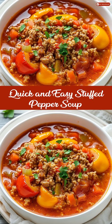 Need a quick meal? This Quick and Easy Stuffed Pepper Soup is perfect! Ready in under 30 minutes and full of rich, comforting flavors. Stuffed Pepper Soup Taste Of Home, Easy Stuffed Bell Pepper Soup, Unstuffed Peppers Soup, Freezing Stuffed Peppers, Stuffed Peppers Soup Recipe, Stuff Pepper Soup Recipe Stovetop, Sweet Pepper Soup, Stuff Pepper Soup Recipe, Totilla Soup