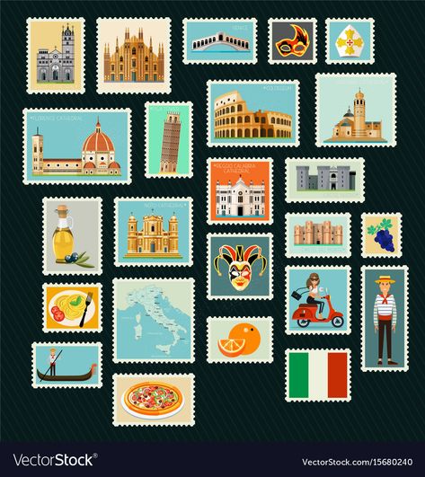 Stamps Illustration, Italy Scrapbooking, Italy Illustration, Cartoon Map, Cruise Scrapbook, Florence Art, Travel Journal Scrapbook, Travel Stamp, Scrapbook Book