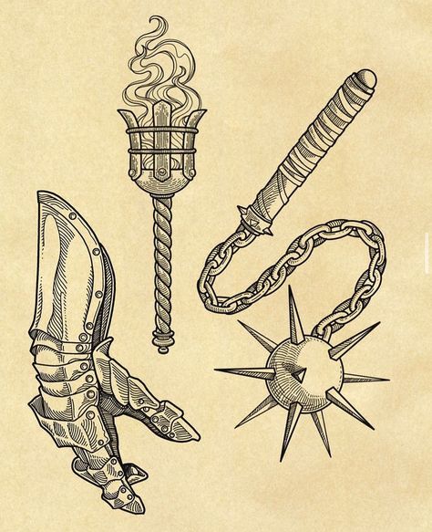 Medieval Flail Drawing, Medieval Flail Traditional Tattoo, Knight Glove Tattoo, Flail Tattoo Drawing, Scottish Themed Tattoos, Medevial Tattoos, Flail Tattoo Blackwork, Medieval Tattoo Ideas Middle Ages, Gauntlet Illustration