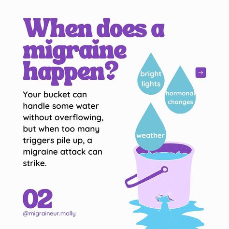 Ever heard of the Bucket Theory? 🪣 It’s a simple way to visualize how small factors can build up and trigger a migraine attack. Stress, lack of sleep, bright lights—each one adds a little water to your bucket. The key? Managing those triggers to keep your bucket from overflowing. 🌊 But remember, migraine is a neurological condition, so this is just a theory, not a one-size-fits-all solution. Still, it can be a helpful tool for understanding and managing your attacks. Question! 💭 Do you find... Causes Of Migraine Headaches, Migraine Triggers, Migraine Attack, Migraine Pain, Chronic Migraines, Migraine Relief, Migraine Headaches, Hormonal Changes, Invisible Illness