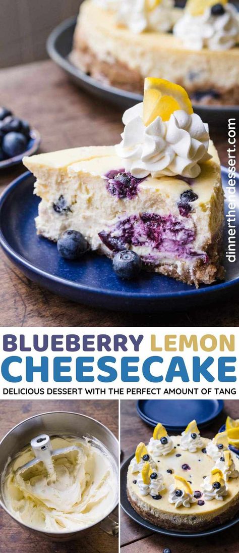 Blueberry Lemon Cheesecake is wonderfully thick, rich, and creamy with a tangy flavor from lemon juice and fresh blueberries. Lemon Blueberry Cheesecake Cake, Blueberry Cheesecake Cake, Blueberry Lemon Cheesecake, Blueberry Cheesecake Recipe, Lemon Blueberry Cheesecake, Lemon Cheesecake Recipes, Blueberry Desserts, Cheesecake Cake, Dessert Toppings