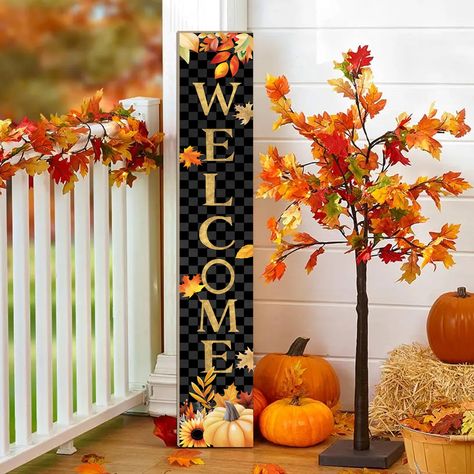 PRICES MAY VARY. Autumn Vibes: Elevate your fall aesthetic with our charming porch decoration. Featuring pumpkins,Maple leaves and sunflowers,black grid as background,the "Welcome" slogan creates a warm ambiance that'll impress your guests. It's the perfect way to set a cozy tone and extend a heartfelt welcome. Premium Craftsmanship: Crafted from sturdy wood and framed with a 1 cm border, this handcrafted fall porch board hanging sign boasts vivid printing, a smooth surface, and impeccable edges Fall Welcome Sign Front Door, Thanksgiving Porch Decorations, Fall Porch Leaners, Fall Porch Signs, Farmhouse Thanksgiving Decor, Fall Patio Decor, Front Door Welcome Sign, Fall Welcome Sign, Door Welcome Sign