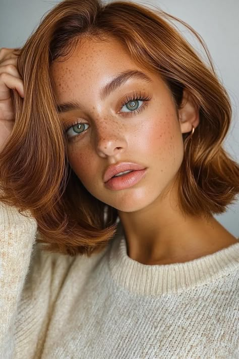 autumn hair, hair makeovers, fall hairstyles Redhead Wearing Orange, Trending Hair Colors Fall 2024, Blonde Olive Skin, Autumn 2024 Hair Trends, Copper Shoulder Length Hair, Auburn Hair Makeup, Auburn Blonde Balayage, Warm Auburn Hair Color, Warm Fall Hair Color