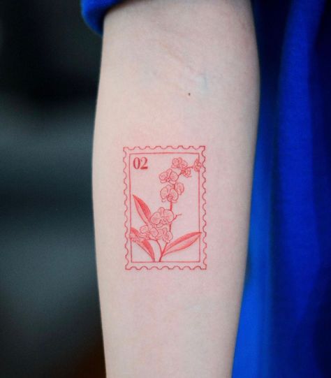 Red Envelope Tattoo, Cute Minimalist Tattoo Ideas, Simple Mexican Tattoo, Mexican Stamp Tattoo, Small Impulse Tattoos, Red Stamp Tattoo, Coloured Fine Line Tattoo, Square Tattoo Frame, Mexico Stamp Tattoo