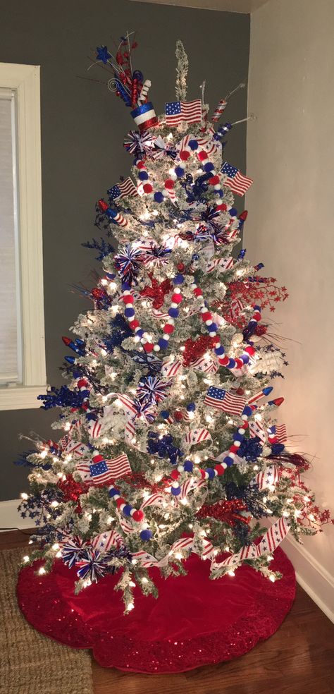 Red White And Blue Christmas Tree Decorating Ideas, America Christmas Tree, American Christmas Tree, 4th Of July Christmas Tree, Red White And Blue Christmas, 4th Of July Tree Decorations, Red White Blue Christmas Tree, Red White And Blue Christmas Tree, Fourth Of July Christmas Tree