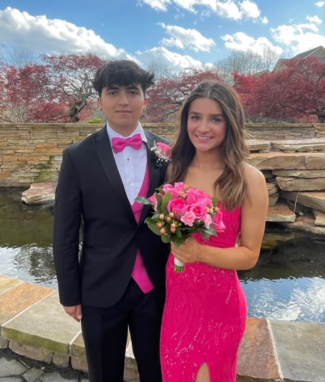 Prom Goals Couples Photo Ideas, Dark Pink Prom Couple, Bright Pink Prom Dress With Date, Hot Pink Hoco Dress With Date, Fuschia Prom Dress Couple, Magenta Prom Dress Couple, Prom Flowers Bouquet Hot Pink Dress, Pink Prom Men, Hot Pink Hoco Couple