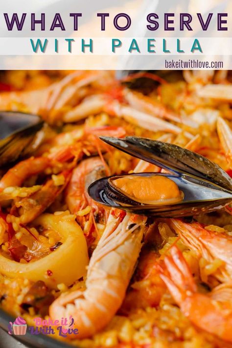 For what to serve with paella, check out this list of the best side dishes to compliment this flavor-packed Spanish dish! Whether you choose chicken, seafood, rabbit, or a combination of meats, these recipes will pair with your paella no matter the protein! BakeItWithLove.com #bakeitwithlove #paella #sides #best #dinner #menu Spanish Side Dishes, Roasted Mashed Potatoes, Spanish Paella Recipe, Tomato Side Dishes, Short Grain Rice, Easy Paella, Paella Recipe Seafood, Seafood Paella, Paella Recipe