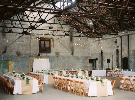 Read More: https://www.stylemepretty.com/2016/06/29/eclectic-warehouse-wedding-at-basilica-hudson/ Loft Wedding Reception, Industrial Loft Wedding, Industrial Wedding Reception, Industrial Wedding Inspiration, Industrial Wedding Decor, Mismatched Chairs, Industrial Chic Wedding, Loft Wedding, Warehouse Wedding