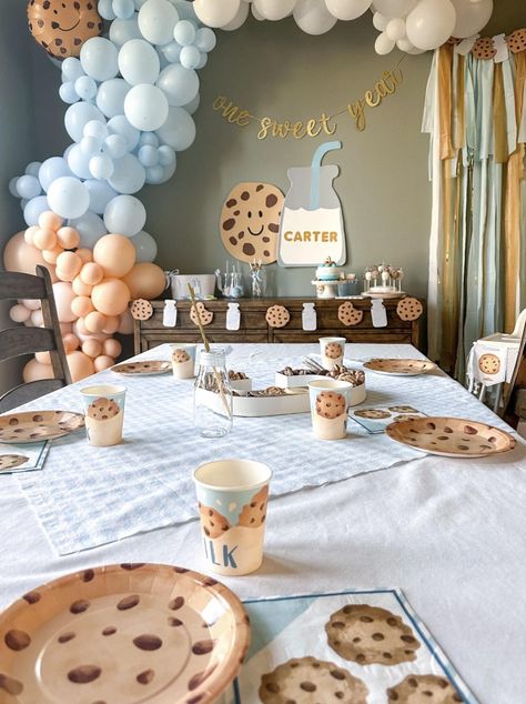 Cookies And Milk Baby Shower Ideas, One Tough Cookie Birthday, One Tough Cookie Birthday Party, Baby Boy 1st Birthday Themes, Milk And Cookies First Birthday, Table Balloon Stand, Cookies First Birthday, Birthday Party Themes For Boys, First Birthday Theme Boy