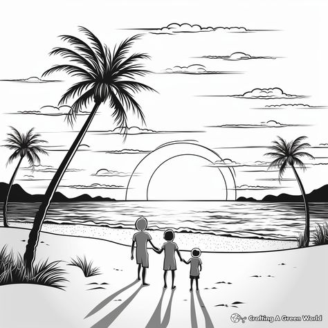 Beach Sunset Drawing Easy, Beach Scene Drawing Pencil, Beach Seanery Drawing, Wood Burning Beach Scene, Sunset Beach Silhouette, Morning Journal Prompts, Mindfulness Journal Prompts, Morning Journal, Kindergarten Coloring Pages