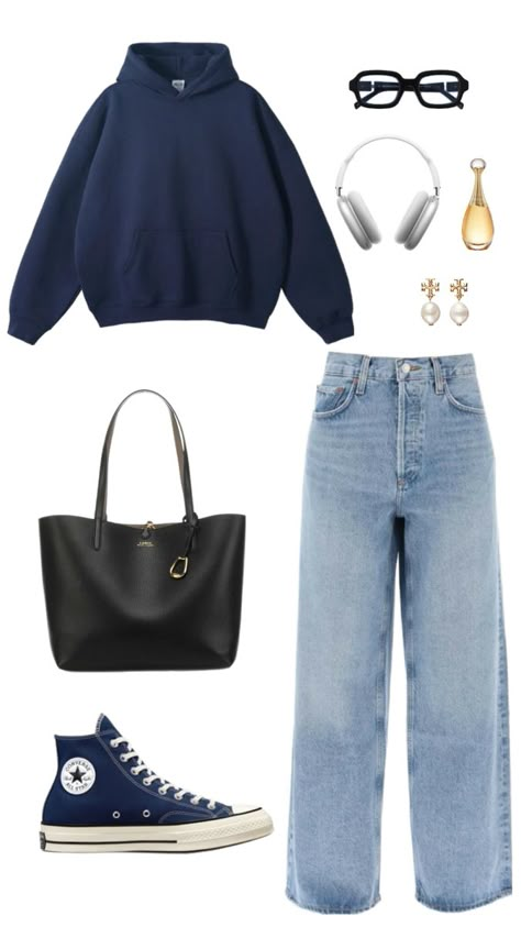 #aesthetic #inspiration #outfit #blue #hoodie #bag #black #converse #perfume #earrings #apple #headphones #sunglasses Converse Outfit Aesthetic, Blue Converse Outfit, Blue Hoodie Outfit, Hoodie Outfit Aesthetic, Apple Headphones, Converse Outfit, University Outfit, Outfit Hoodie, Fashion Top Outfits