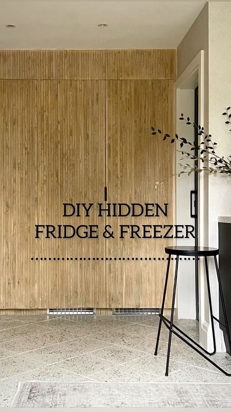 Fridge In Armoire, Ikea Integrated Fridge, Diy Fridge Paneling, Floor To Ceiling Cabinets Around Fridge, Diy Hidden Refrigerator, Diy Hidden Fridge Cabinet, Kitchen Hidden Cabinets, Ikea Fridge Hack, Diy Integrated Fridge