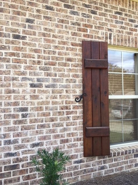 Old World Brick Exterior, Antique Brick Exterior, Brick Wainscoting Exterior, Stained Brick House Exterior, Light Brick House Exterior, Brown Brick House Exterior, Stained Shutters, Brick Options, Brown Brick Houses