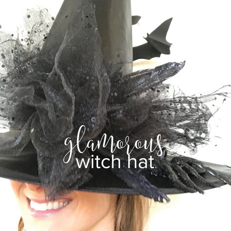 Diy Fancy Witch Hat, Tulle Witches Hat, Witch Costume Accessories Diy, Decorate Witches Hat Diy, Creative Witch Hat, How To Decorate A Witches Hat To Wear, Decorating A Witches Hat, Diy Witches Hat To Wear, Witches Hats Diy