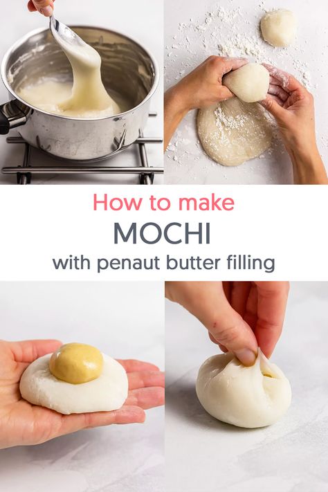 steps of making mochi with peanut butter filling Filled Mochi Recipe, Mochi Filling Recipe, Animal Mooncake, Mochi Dough Recipe, Japanese Candy Recipe, How To Make Mochi Recipes, Mochi Filling Ideas, Peanut Butter Mochi Recipe, Easy Mochi Recipe Simple