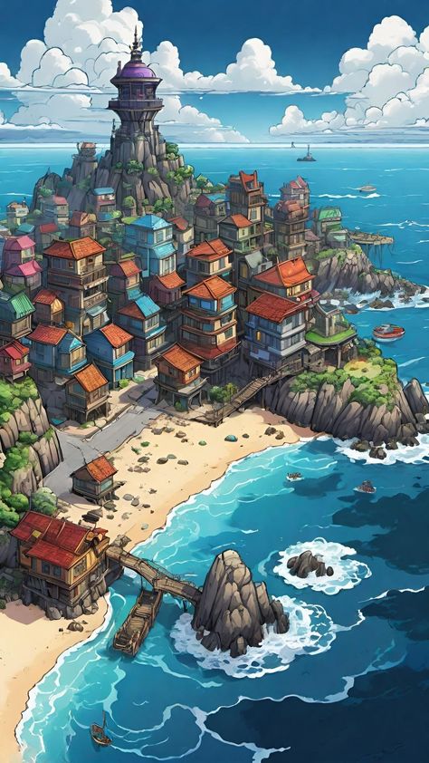 Ocean Town Fantasy Art, Coastal City Fantasy Art, Fantasy Coastal Village, Fishing Village Concept Art, Imaginary Landscapes, Village Drawing, Apocalypse World, Beautiful Landscape Photography, Coastal Town