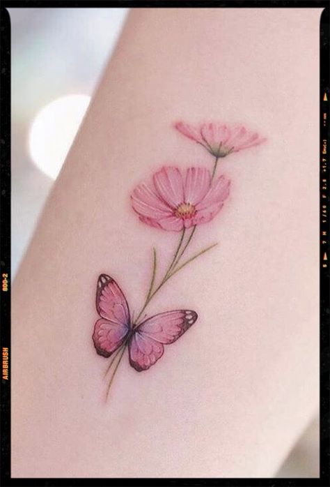 Pics edited by AirBrush App. Filter: Color +ult-3•With pink flowers and butterflies of the same color, this tattoo design will suit all women. After all, pink is one of the favorite colors of most women. #airbrushapp #retouch #photoeditor #filter #airbrushmakeup #airbrushart #airbrushfilter Butterfly Tattoo With Flowers, Pink Butterfly Tattoo, Pink Flower Tattoos, Tattoo With Flowers, Flower Tattoo Back, Airbrush App, Pretty Tattoos For Women, All Pink, Lotus Tattoo