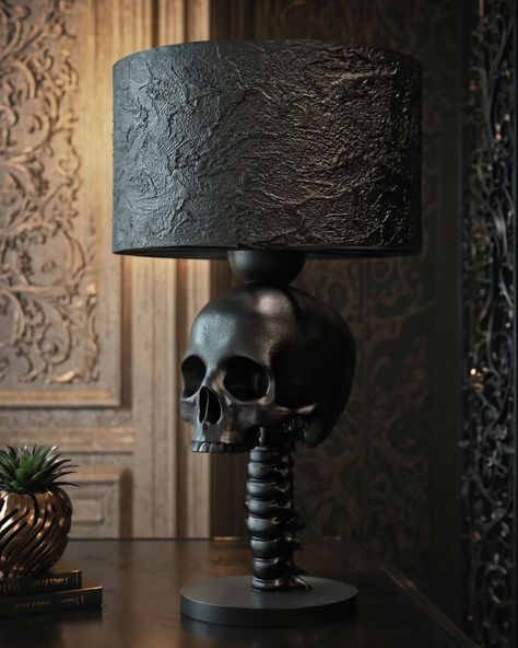 Skull spine lamp #horrordesign #horrorromance Bp House, Skull Table, Skull Furniture, Gothic Farmhouse, Lamp Bedside Table, Horror Romance, Handmade Lamp, Goth Home Decor, Goth Decor