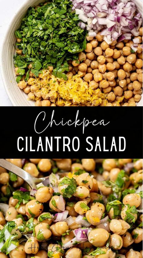 This chickpea cilantro salad is full of fresh ingredients and flavor. It’s a super simple salad to make too and makes a healthy lunch or perfect side dish. This easy vegan chickpea salad uses canned chickpeas (also known as garbanzo beans) which cuts down on the prep time immensely. If you want to cook your own, there are instructions further down for that too! The chickpeas are tossed with chopped onion, cilantro and lemon zest and it’s brought together with a simple lemon vinaigrette. Garbanzo Salad, Vegan Chickpea Salad, Garbanzo Bean Recipes, Garbanzo Beans Salad, Cilantro Salad, Foods With Iron, Vegan Chickpea, Simple Vinaigrette, Simple Salad