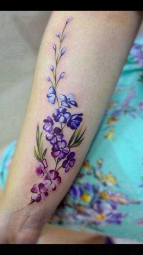 Larkspur Tattoo, Colorful Flower Tattoo, Wildflower Tattoo, Tattoos For Women Flowers, Geniale Tattoos, Tatuaje A Color, Tattoo Me, Tattoo Love, Flower Tattoo Designs