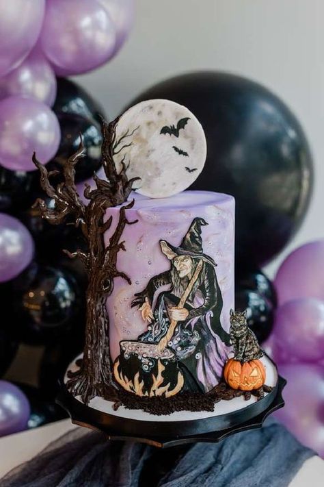 Trouble is brewing at this fun Halloween party! The cake is incredible!! See more party ideas and share yours at CatchMyParty.com Hocus Pocus Party Ideas, Hocus Pocus Party Decoration, Purple Frosting, Hocus Pocus Decorations, Halloween Bingo Cards, Witch Cupcakes, Witch Cake, Halloween Countdown Calendar, Hocus Pocus Party