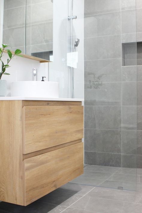 Grey Bathroom Wood Vanity, Bathroom Ideas Wood And Grey, Grey And Wood Bathroom Ideas, Gray Wood Bathroom, Small Ensuite Ideas, Mound House, Timber Bathroom Vanities, Laminate Flooring Bathroom, Bathroom Colours