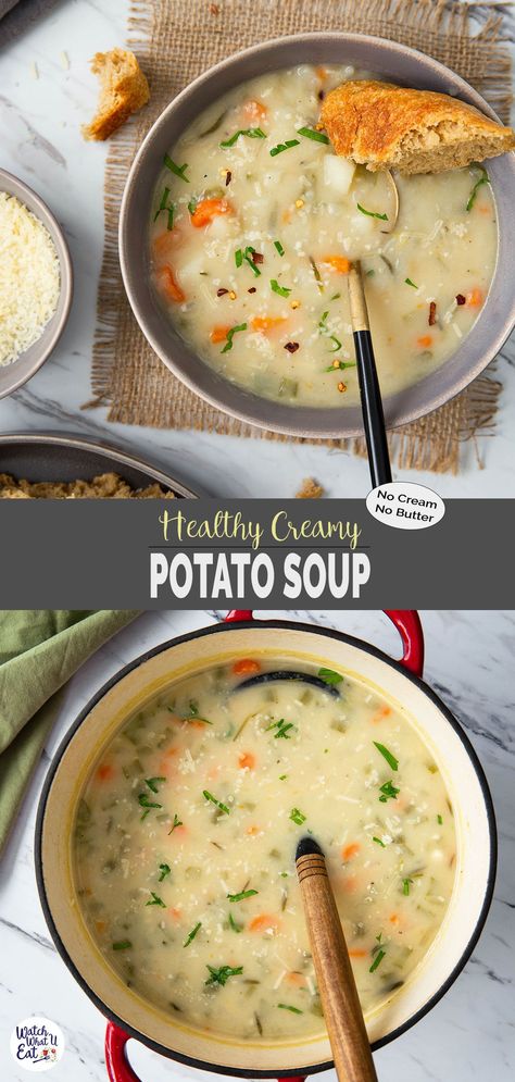 Prepare this easy and delicious one-pot healthy potato soup without cream and without cheese to make the chilly nights bearable. Yet it is creamy and perfect for a clean eating diet. Soup Without Cream, Healthy Potato Soup, Rich Beef Stew, Warm Soup Recipes, Healthy Potato, Meatless Dishes, Healthy Potatoes, Loaded Potato Soup, Creamy Potato Soup