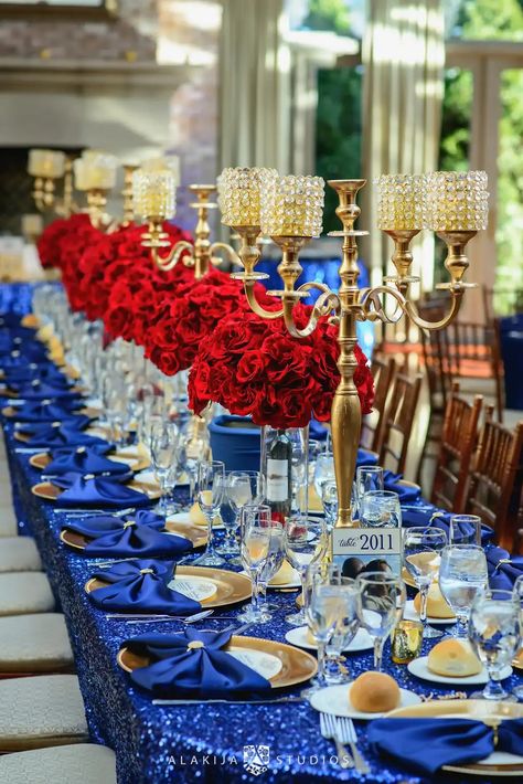 Royal Blue Red And Gold Decor, Red Blue Gold Party Theme, Royal Blue Red And Gold Wedding, Red Blue And Gold Quince, Red And Royal Blue Quinceanera Theme, Royal Blue And Red Wedding Theme, Red And Blue Themed Wedding, Blue And Red Party Decor, Blue And Red Quinceanera Ideas