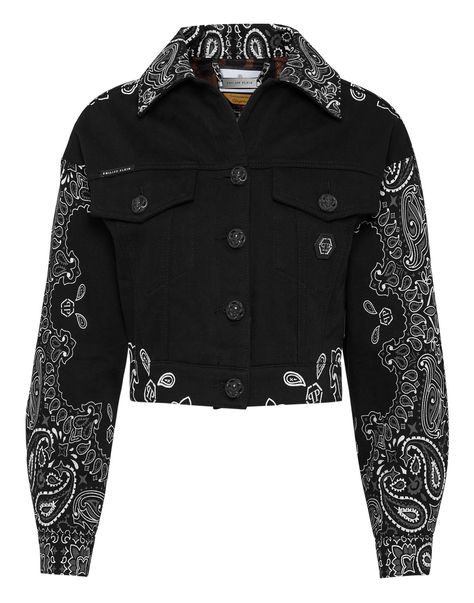 Philipp Plein | Paisley Bandana Black Denim Jacket | Autumn • Winter Fashion Unique Denim Jacket, Denim Jackets For Women, Denim Cropped Jacket, Designer Denim Jacket, Paisley Bandana, Oversized Jean Jacket, Printed Denim Jacket, Designer Denim, Cropped Denim Jacket