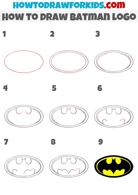 How to Draw Batman Logo - Easy Drawing Tutorial For Kids Batman Drawing Tutorial, Cartoon Batman Drawing Easy, How To Draw Batman Logo, Batman Easy Painting, Batman Doodle Easy, Simple Batman Drawing, How To Draw Batman Step By Step, Easy Superhero Drawings, Super Hero Drawings Easy