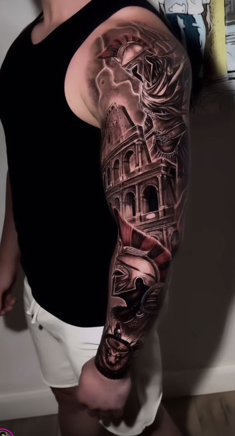 Spartan Full Sleeve Tattoo, Spartan Leg Sleeve, Gladiator Maximus Tattoo, Roman Theme Tattoo, Spartan Sleeve Tattoo, Roman Gladiator Tattoo, Ares Tattoo, Black Crow Tattoos, Lion Hand Tattoo