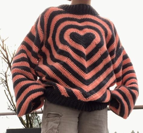 unique and selfmade crocheted sweater with a double-sided heart print cute casual sweatshirt, ideal for cold fall days and early spring mornings  notes on materials ★ individually handmade in germany ★ colors may vary depending on the light ★ polyacrylic yarn, worked with a 3mm hook ★ 40+ hours of work  ★ estimated size large (one size) notes on care ★ do not apply excessive tension ★ do not machine wash, hand-wash the fabric with warm water and let it air dry flat to maintain the shape pattern Crochet Sweater Nordic, Crochet Valentine Sweater, Heart Sweater Crochet Pattern, Double Crochet Sweater, Fall Crochet Ideas Clothes, Heart Sweater Crochet, Handmade Clothes Diy, Crochet Heart Sweater, Crochet Fall Sweater