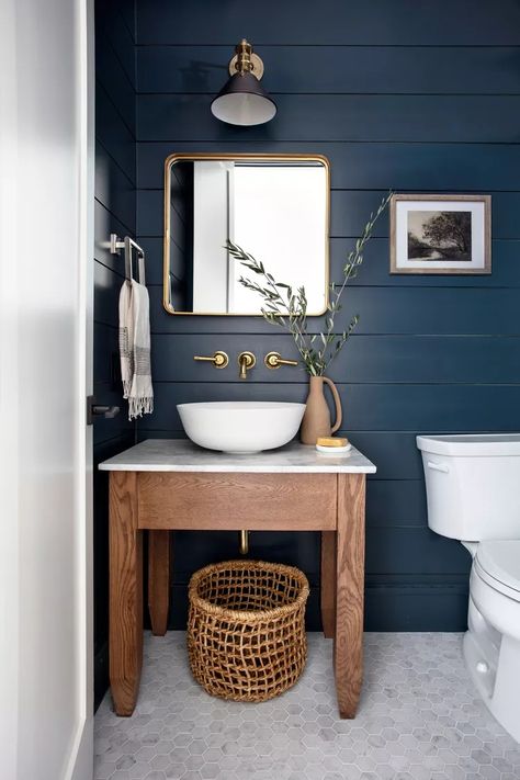 50 Small Bathroom Ideas Mini Half Bathroom Ideas, Small Bathroom Navy, Small Powder Room Remodel, Unique Bathroom Mirror, Navy And White Bathroom, Soothing Paint Colors, Small Ensuite, Small Bathroom Mirrors, Bathroom Mirror Ideas